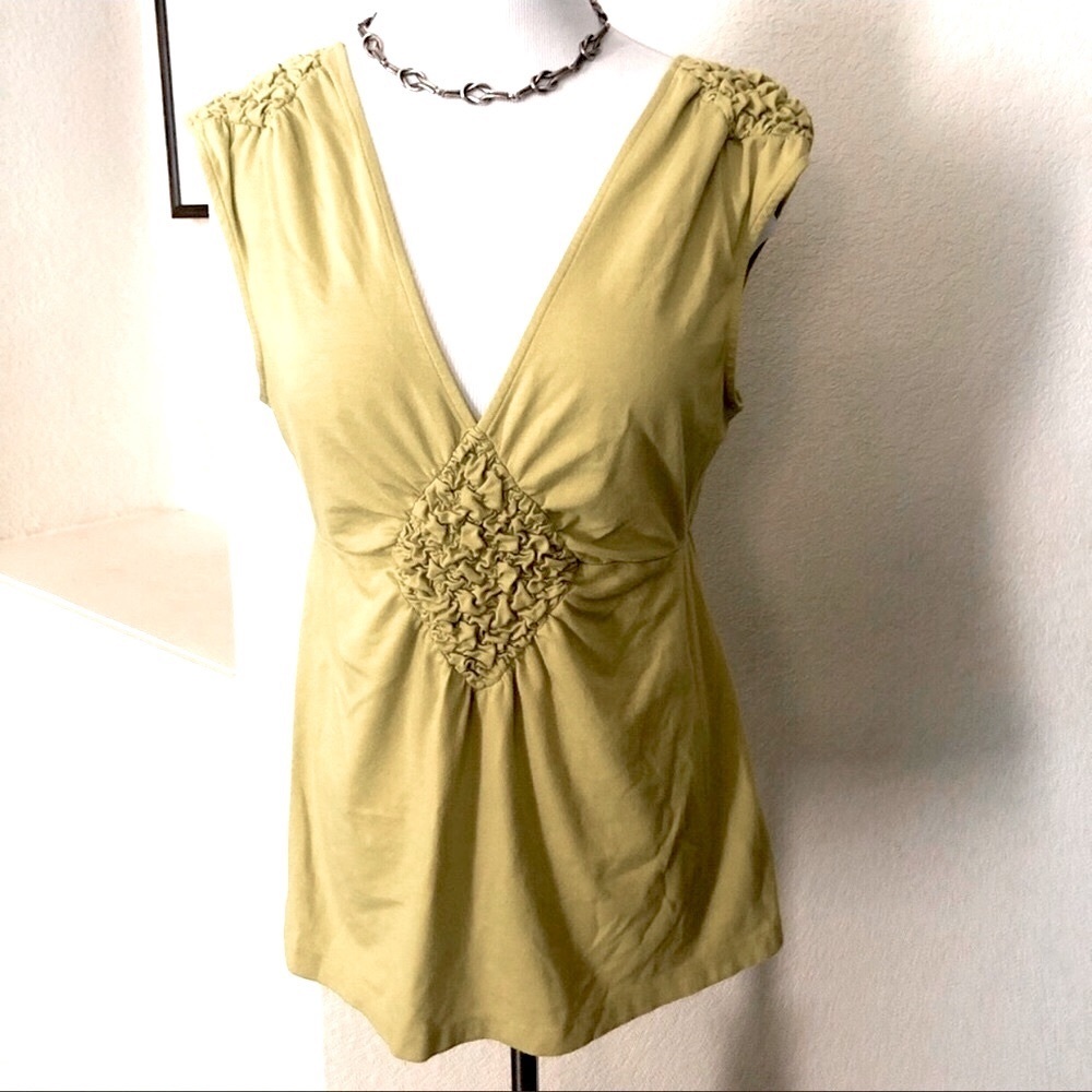 Anthropologie Rouched Top Knit Chartreuse Deletta Peplum Stretch Size Small